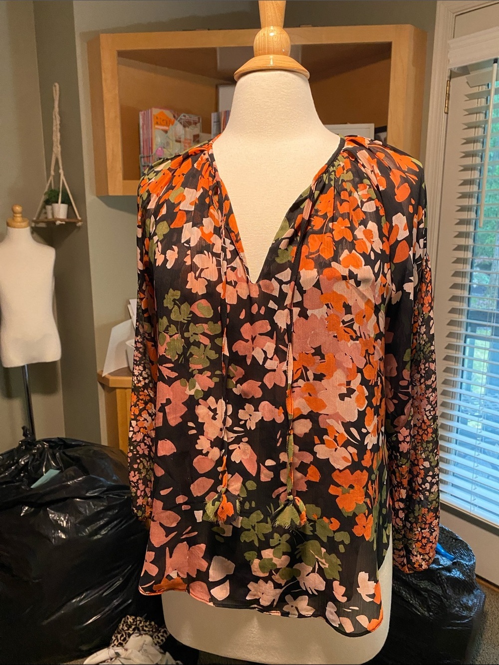 Misa Los Angeles Black Floral Split-Neck Blouse with Orange and Pink Blooms